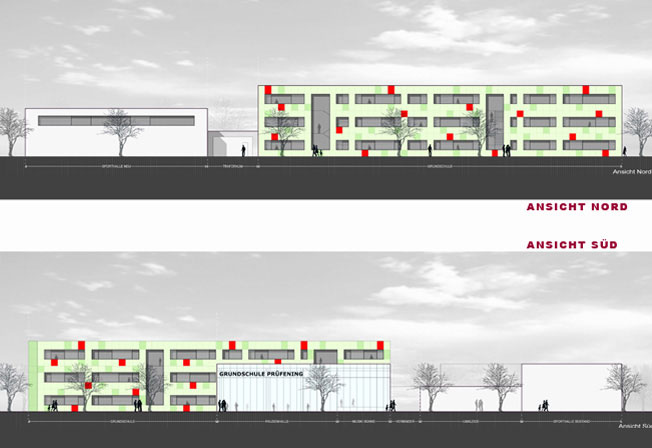 Neubau der Grundschule PrÃ¼fening / Ansicht Nord und Süd